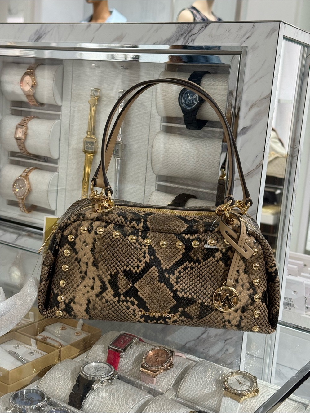 MICHAEL KORS Cecily Small Studded Snake Embossed Shoulder Bag